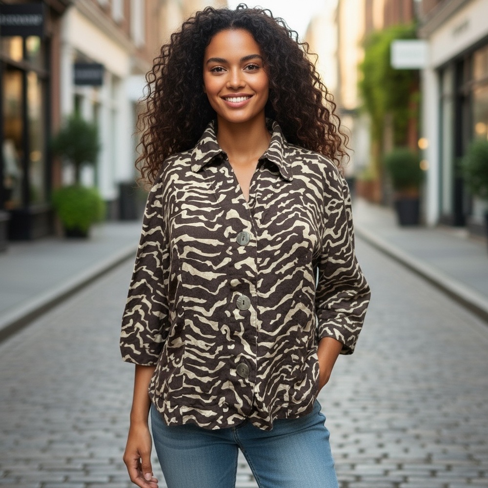 5Th Av. Women’s Petite Large Zebra Print Button-Up Blouse 55% linen just cleaned